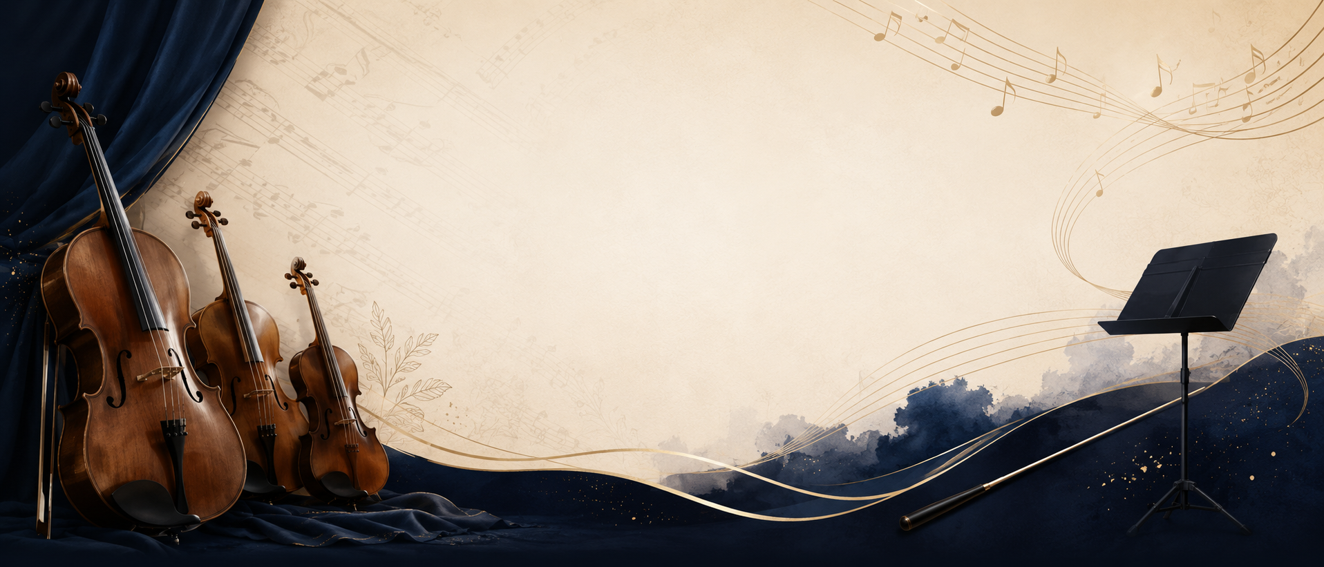 Orchestra-themed banner with string instruments, sheet music accents, music stand, and conductor baton.